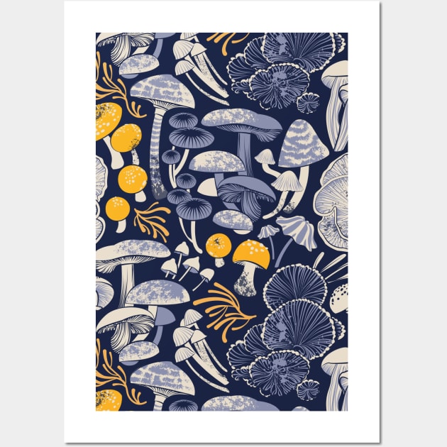 Mystical fungi // midnight blue background ivory pale blue and yellow wild mushrooms Wall Art by SelmaCardoso